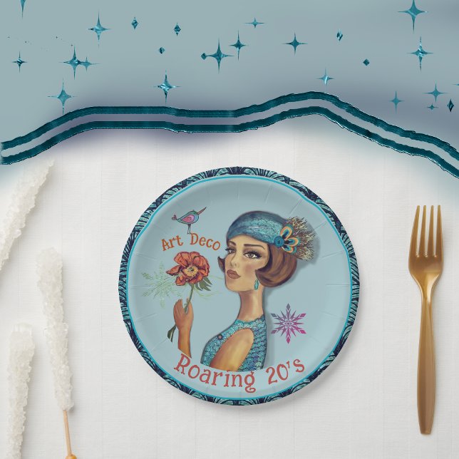 Prato De Papel Arrasto 20's Art Deco Blue (Roaring 20's Art Deco Blue Paper Plates)