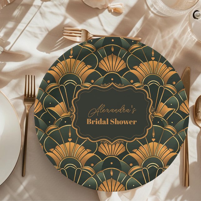 Prato De Papel Art Deco Bridal Diamond Dourado e Verde (Criador carregado)