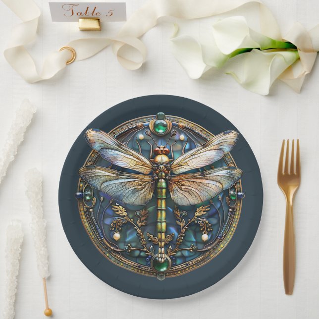 Prato De Papel Art Deco Dragonfly Pearls Emeraldas Douradas (Casamento)