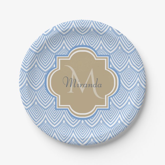 Prato De Papel Art Deco Light Blue Fish Scales Tan Monogramas Nom (Frente)