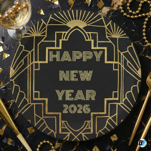 Prato De Papel Art Deco Rugindo Anos 20 Preto Dourado Ano Novo 20