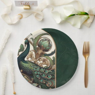 Prato De Papel Art Nouveau Green Emerald Vintage Peacock Casament