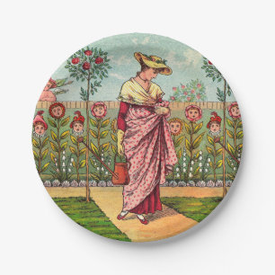 Prato De Papel Arte Antigo Jardim Crescer Flor Mulher
