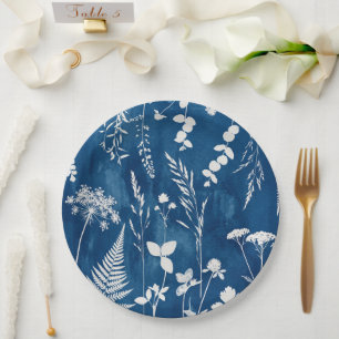 Prato De Papel Arte Botânica de Samambaia em Azul Cianotipia Índi