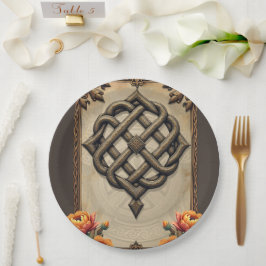 Prato De Papel Arte celta e talão floral em tons quentes.