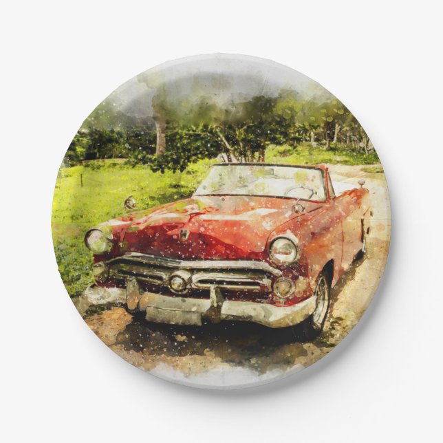 Prato De Papel Arte da aguarela do carro clássico velho retro do (Frente)