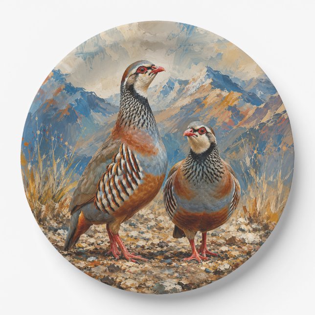 Prato De Papel Arte de casal de perdiz Chukar (Frente)