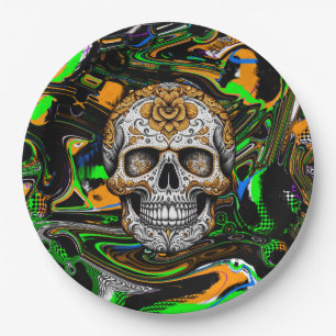 Prato De Papel Arte de Crânio de Açúcar Laranja Preto e Verde Lim