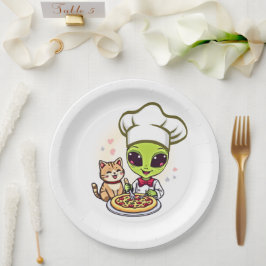 Prato De Papel Arte de desenho animado de gato chef alienígena pi