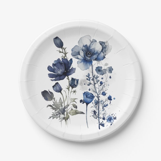 Prato De Papel Arte de estilo Delft azul e branco com flores silv (Frente)