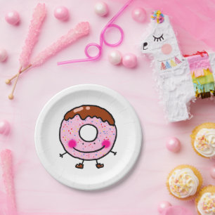 Prato De Papel Arte de Personagem de Donut com Purpurina Sorriden