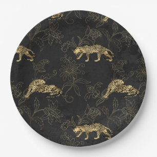 Prato De Papel Arte deco Leopardo negro e Dourado sofisticado