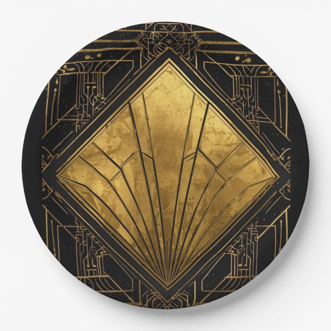 Prato De Papel Arte Deco Preto e Dourado (Frente)