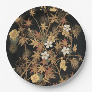 Prato De Papel Arte Floral Outonal em Preto e Dourado Japonês Vin
