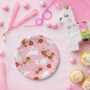 Prato De Papel Arte Japonesa: Placas de papel rosa Sakura e Rabbi