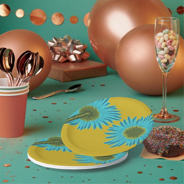 Prato De Papel Arte Margarida Azul Negrito em Fundo Amarelo de Mo (Criador carregado)