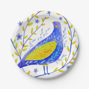 Prato De Papel Arte Moderna de Pássaro Azul e Amarelo em Aquarela