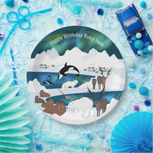 Prato De Papel Arte Polar Árctica Reindeer Walrus Orca Narwhal F