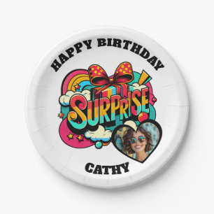 Prato De Papel Arte Pop Personalizada de Aniversário Retro com Fo
