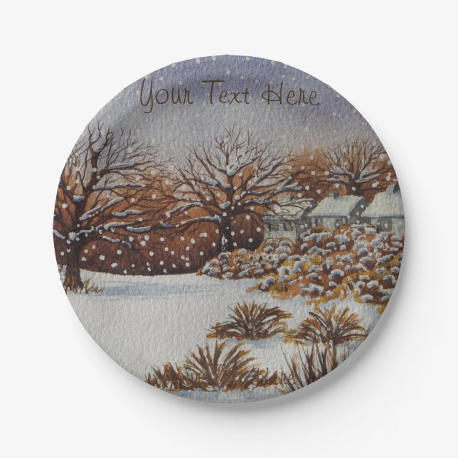 Prato De Papel Arte rural da cena da neve das casas de campo do (Frente)
