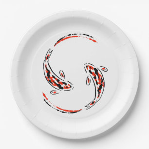 Prato De Papel Artista de Peixe Koi Negro e Vermelho