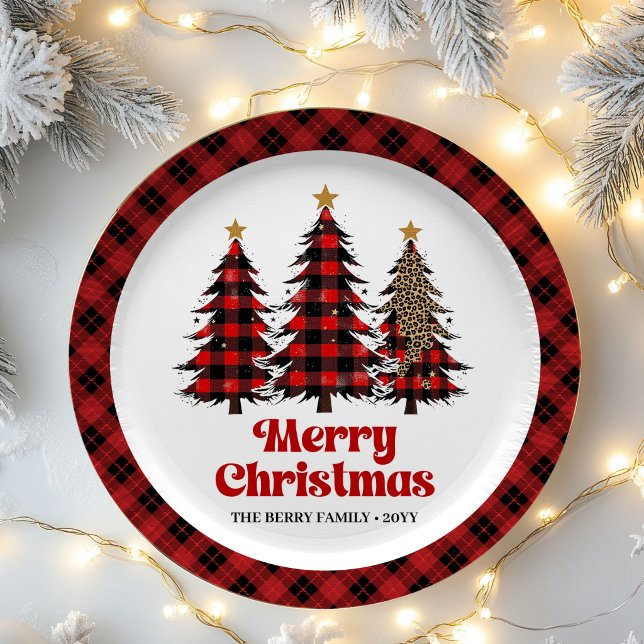 Prato De Papel Artistic Plaid Christmas Tree Custom Name Paper   (Artistic Plaid Christmas Tree Custom Name Paper Plates)