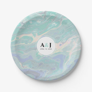 Prato De Papel Artístico Boho Mint Marble Party Plates