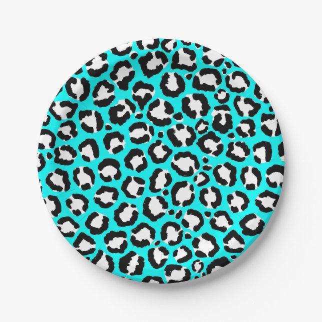 Prato De Papel Artsy Modern Cyan Blue Leopard Animal Print (Frente)