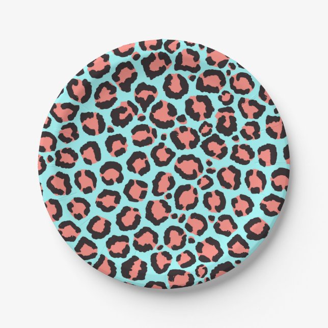 Prato De Papel Artsy Trendy Coral Mint Teal Leopard Animal Print (Frente)
