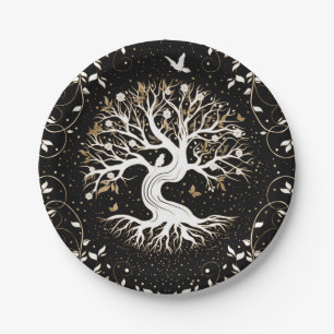 Prato De Papel Árvore da vida - Yggdrasil - branco preto e ouro