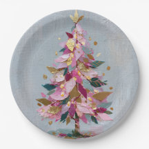 Árvore de Natal Abstrata Rosa e Dourada em Impasto