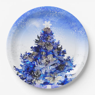 Prato De Papel Árvore de Natal azul decorada customizável