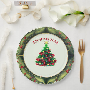 Prato De Papel Árvore de Natal Clássica e Holly
