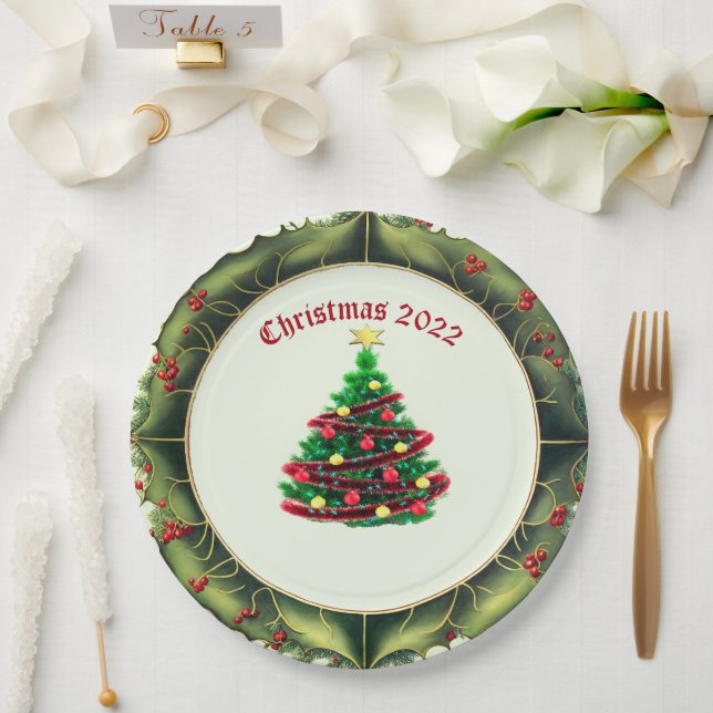 Prato De Papel Árvore de Natal Clássica e Holly (Casamento)