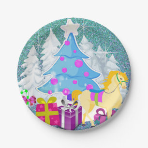 Prato De Papel Árvore de Natal com Cavalo e presentes Glitter FA