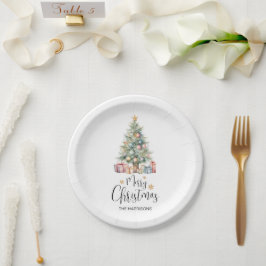 Prato De Papel Árvore de Natal de Aquarela Elegante Personalizada