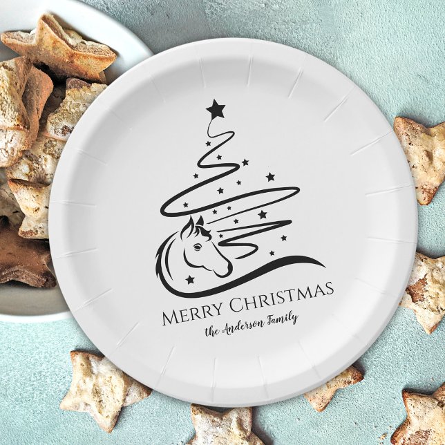 Prato De Papel Árvore de Natal de Cavalo, preto e branco, Equestr (Horse Christmas tree paper plates, horse lover Christmas table decor, personalized)
