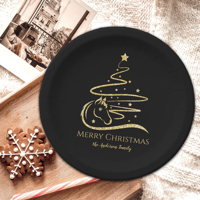 Prato De Papel Árvore de Natal Dourada da Equestre (Gold glitter horse Christmas tree paper plates with personalized text)