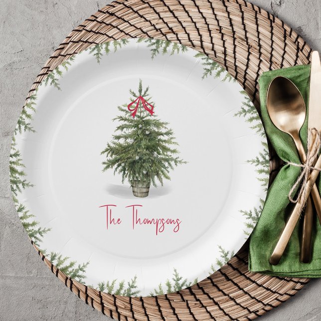 Prato De Papel Árvore de Natal em Aquarela Personalizada  (Christmas party personalized watercolor party paper plate.)
