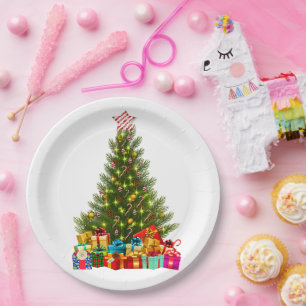 Prato De Papel Árvore de Natal feliz com o feriado do Star Presen
