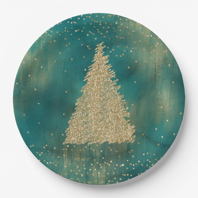 Prato De Papel Árvore de Natal Glitter Dourado Verde Teal   (Frente)