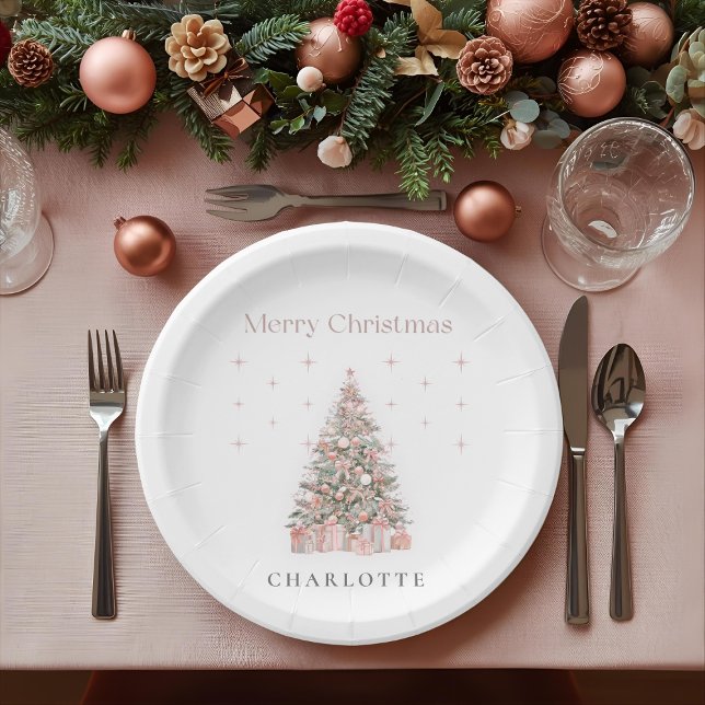 Prato De Papel Árvore de Natal Moderna Bege Personalizada para o  (Criador carregado)