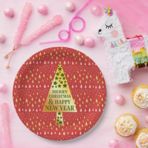 Prato De Papel Árvore de Natal ouro - Paisagem vermelha