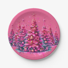 Prato De Papel Árvore de Natal Rosa Estética Elegante e Moderna