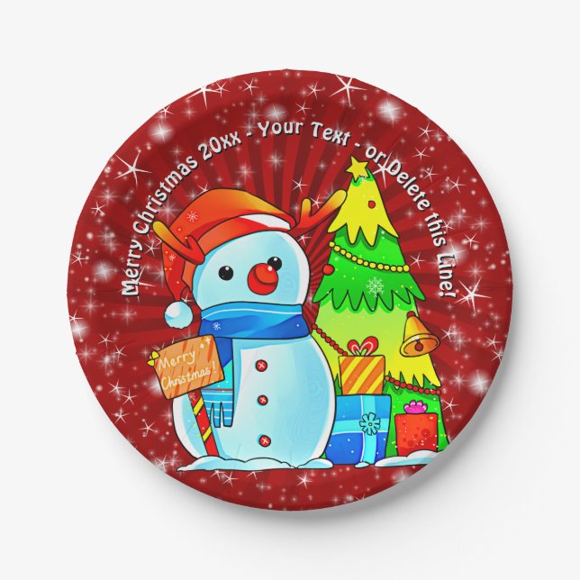 Prato De Papel Árvore de Natal Snowman Apresenta Texto de Ano Ver (Frente)
