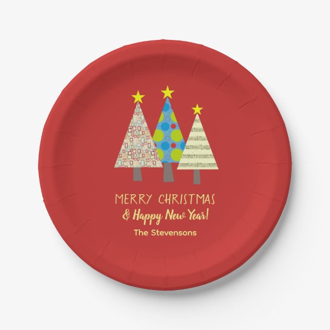 Prato De Papel Árvore de Natal Vermelha Personalizada (Frente)