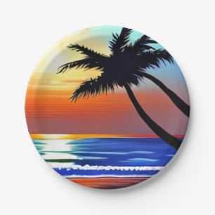 Prato De Papel Árvore Tropical de Palma bonito e Oceano
