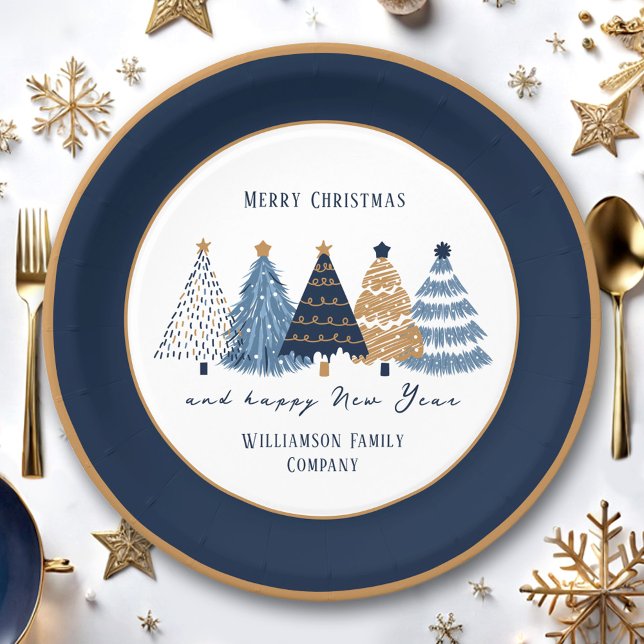 Prato De Papel Árvores Azuis do marinho Nome do Texto Natal Moder (Navy Blue Trees Taxt Modern Christmas Holiday Paper Plates)