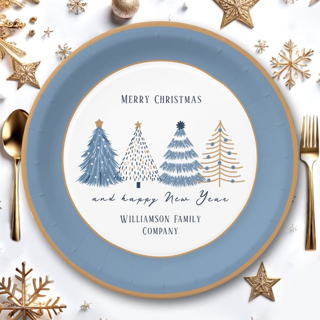 Prato De Papel Árvores Azuis Nome do Texto Moderno Feriado de Nat (Blue Trees Modern Text Name Christmas Holiday Paper Plates)