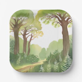 Prato De Papel Árvores da Floresta Verde | Aquarela Bonita Nature